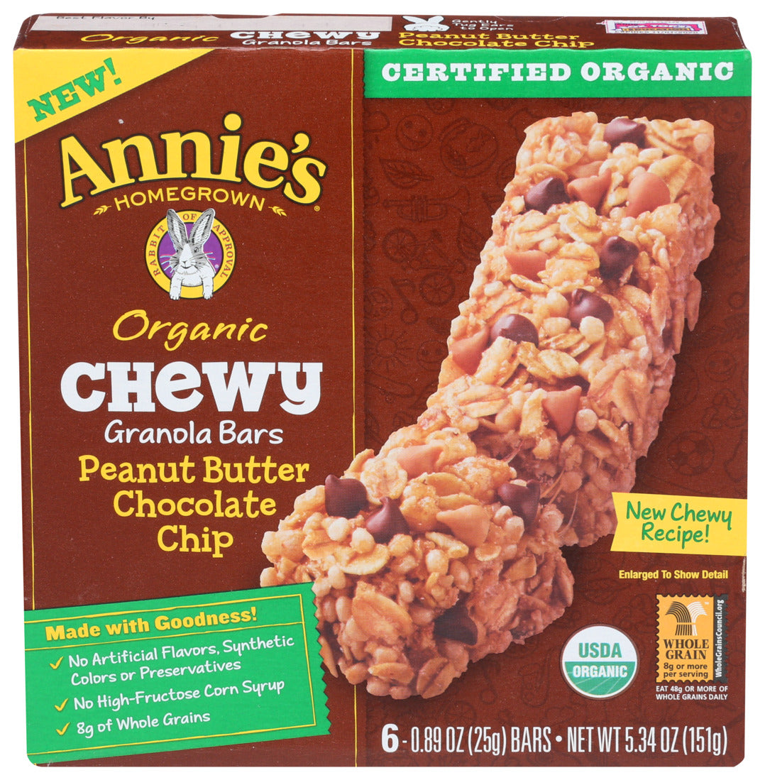 Annie's Homegrown, Organic Chewy Granola Bars Peanut Butter Chocolate Chip, 5.34 Oz