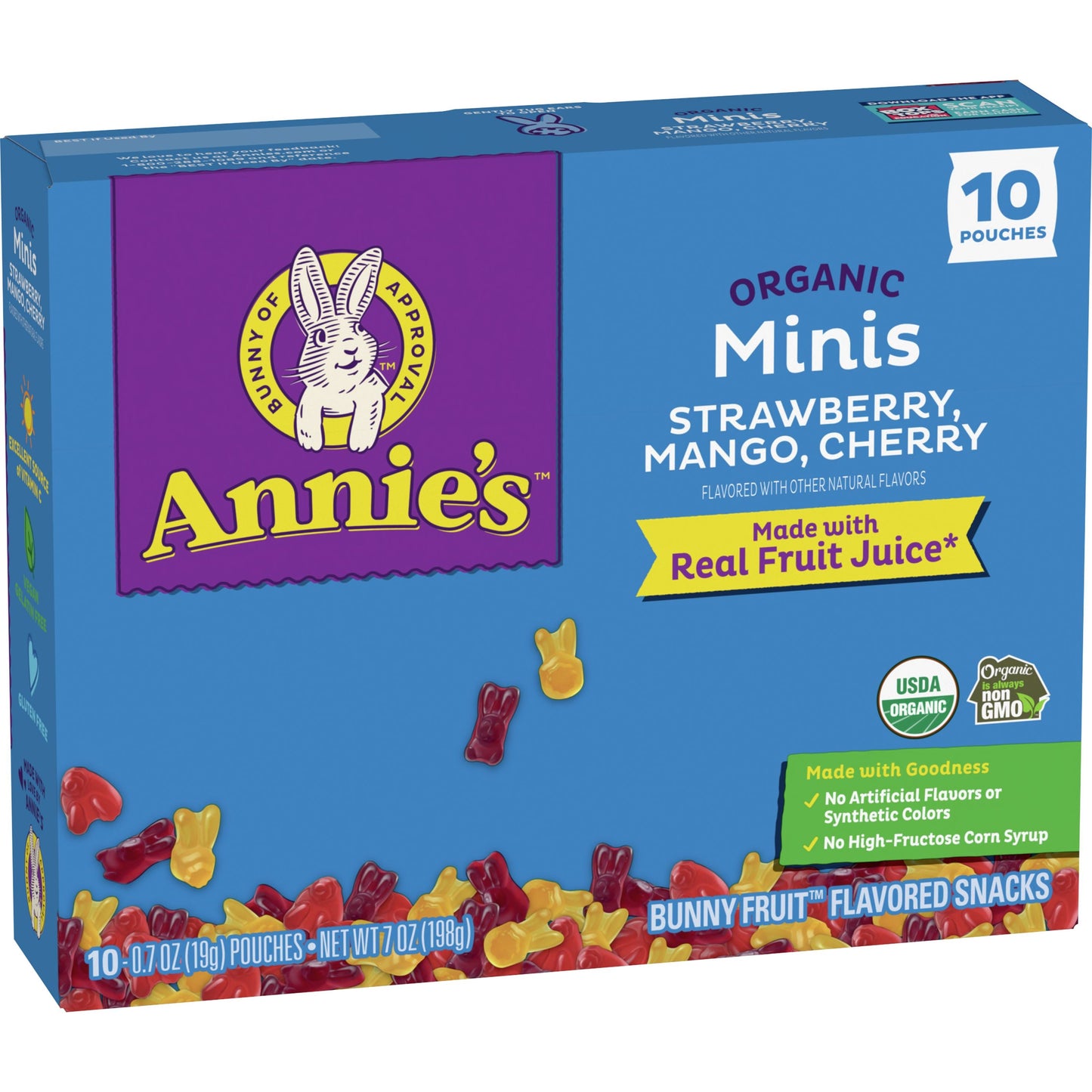 Annie's Homegrown, Organic Minis Bunny Fruit Flavored Snacks Strawberry Mango And Cherry Gluten Free