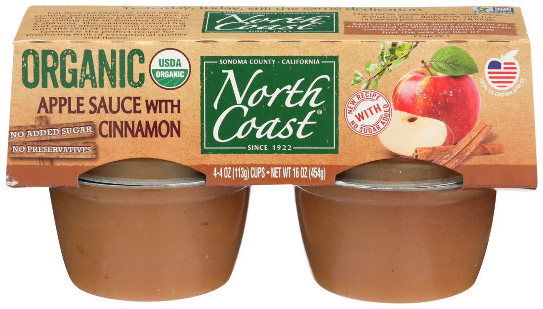 North Coast, Organic Apple Sauce With Cinnamon, Pack of 4 Cups, 4/4 Oz