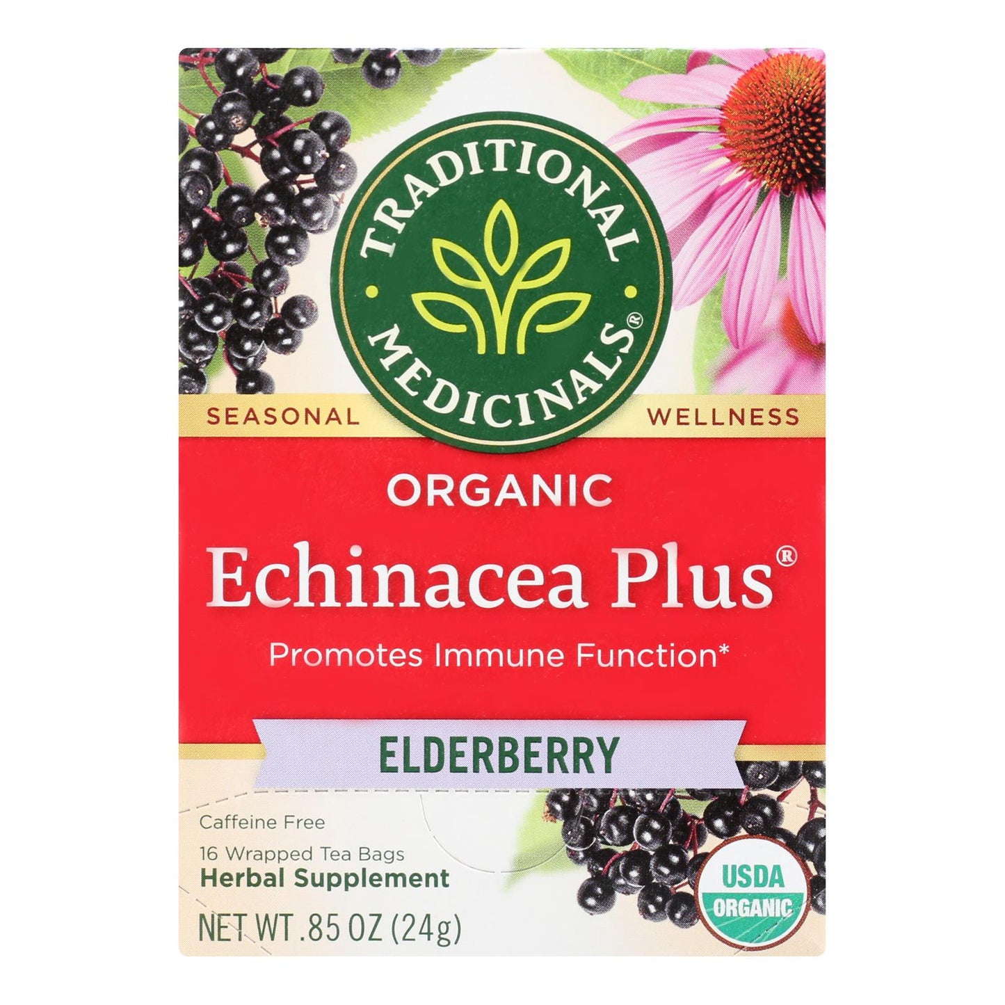 Traditional Medicinals, Organic Echinacea Plus, Elderberry, Caffeine Free, 16 Ct