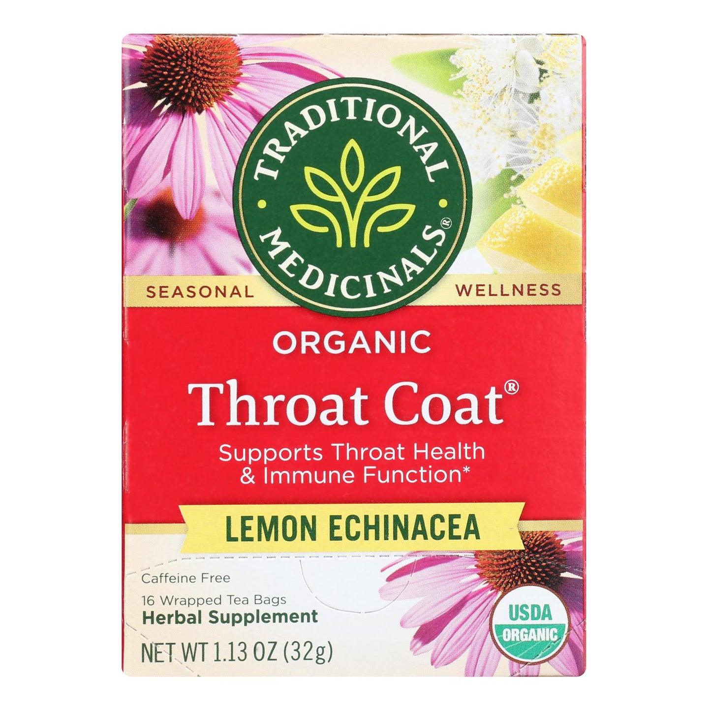 Traditional Medicinals, Organic Throat Coat Herbal Tea, Lemon Echinacea, 16 Ct