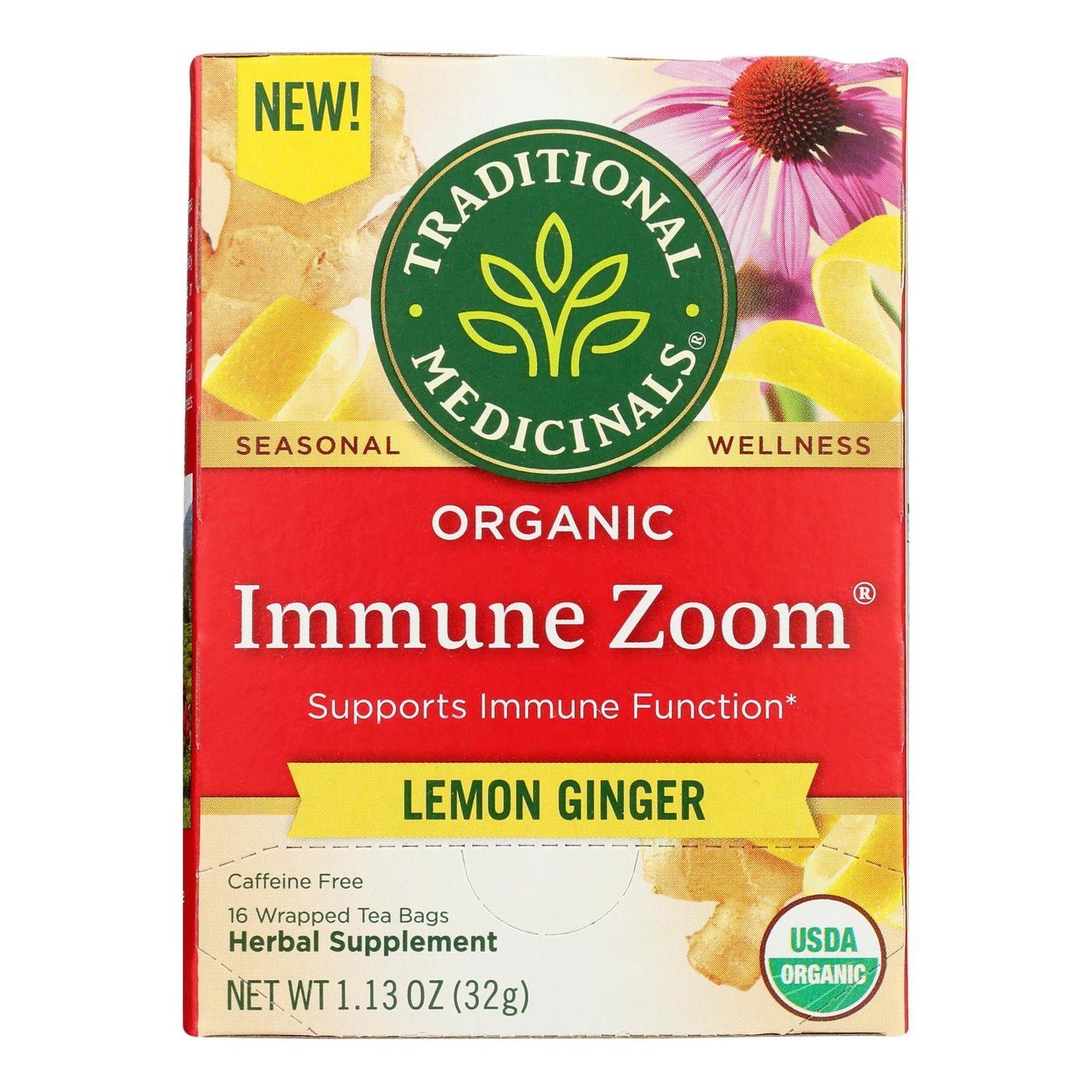 Traditional Medicinals, Organic Immune Zoom Herbal Tea, Lemon Ginger, 16 Ct