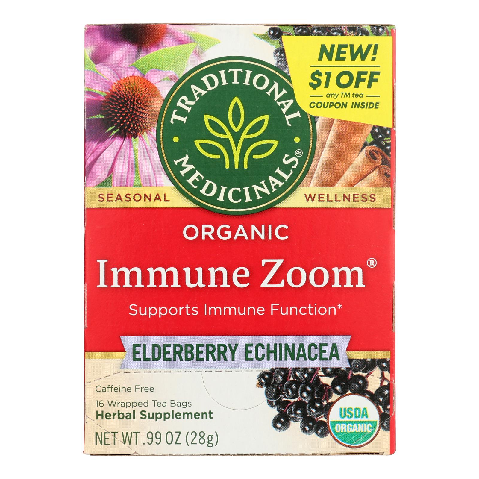 Traditional Medicinals, Organic Immune Zoom Herbal Tea, Elderberry Echinacea, 16 Ct