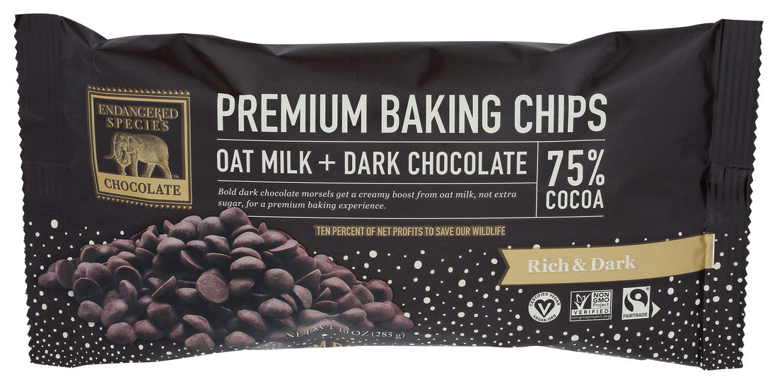 Endangered Species, Premium Baking Chips, Oat Milk Plus Dark Chocolate, 75% Cocoa, 10 Oz