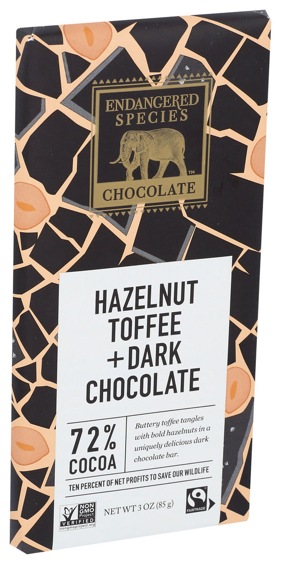 Endangered Species, Hazelnut Toffee and Dark Chocolate, 72% Cocoa, 3 Oz