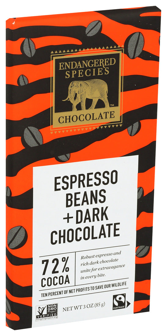 Endangered Species, Espresso Beans and Dark Chocolate, 72% Cocoa, 3 Oz