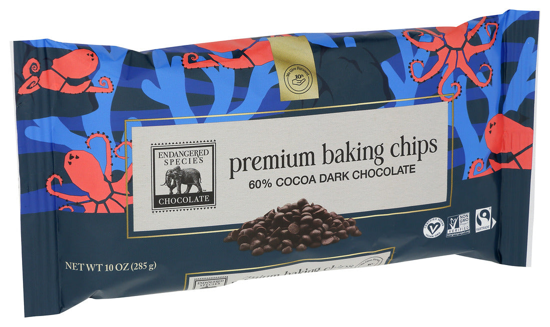 Endangered Species, Premium Baking Chips, 60% Cocoa Dark Chocolate, 10 Oz