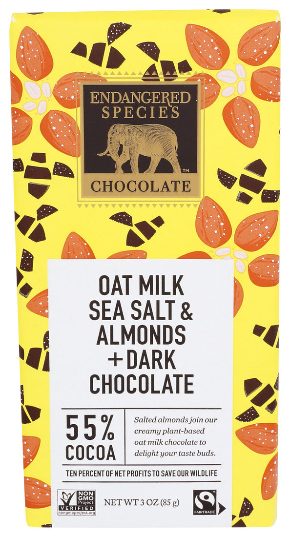 Endangered Species, Oat Milk Sea Salt & Almonds and Dark Chocolate, 55% Cocoa, 3 Oz