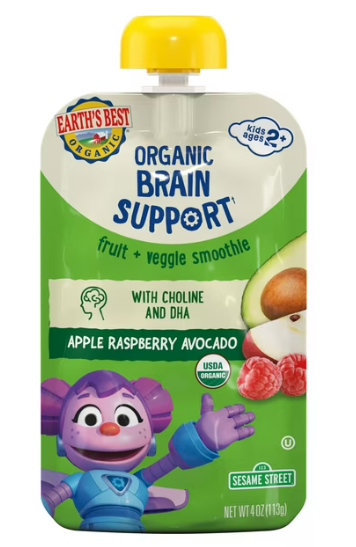 Earth's Best, Organic Brain Support Fruit Veggie Smoothie, Apple Raspberry & Avocado, Kids Ages 2+, 4 Oz