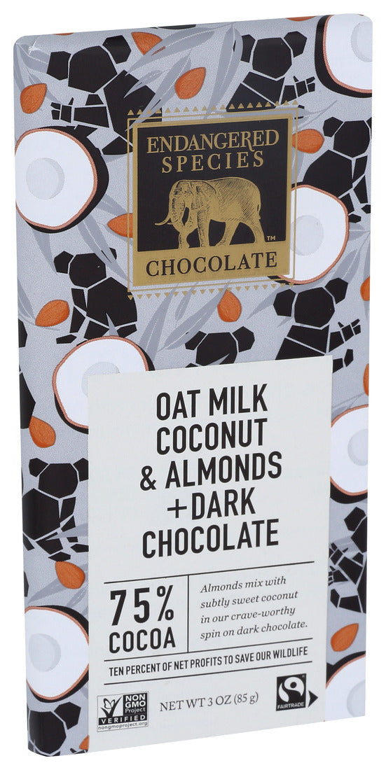 Endangered Species, Oat Milk Coconut & Almonds and Dark Chocolate, 75% Cocoa, 3 Oz