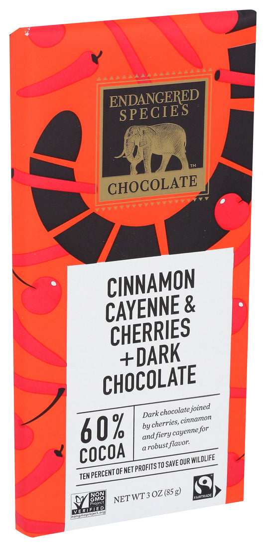 Endangered Species, Cinnamon Cayenne & Cherries and Dark Chocolate, 60% Cocoa, 3 Oz